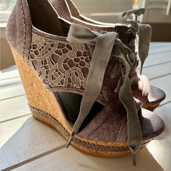 Not Rated Taupe Suede Lace-Up Wedges - Picture 1 of 5